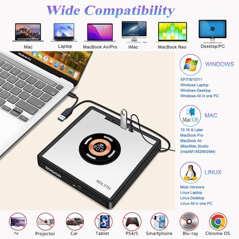 External CD Drive for Laptop: with 15W Wireless Charger Plug & Play | Optical DVD Burner for Apple Mac Linux Windows PC, Portable DVD Player Disc Reader with 3 USB3.0 Ports 1 USB C, 1 TF&SD Port in Saudi Arabia