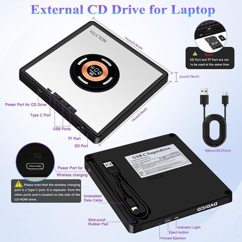 External CD Drive for Laptop: with 15W Wireless Charger Plug & Play | Optical DVD Burner for Apple Mac Linux Windows PC, Portable DVD Player Disc Reader with 3 USB3.0 Ports 1 USB C, 1 TF&SD Port in Saudi Arabia