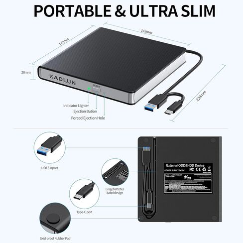 محرك أقراص DVD خارجي للكمبيوتر المحمول USB 3.0 USB C CD Burner محرك أقراص DVD خارجي محمول CD ROM ناسخ قارئ محرك أقراص DVD خارجي لأجهزة الكمبيوتر المحمول وأجهزة الكمبيوتر المكتبية Windows 11/10/8/7 MacBook Mac OS Linux in Kuwait