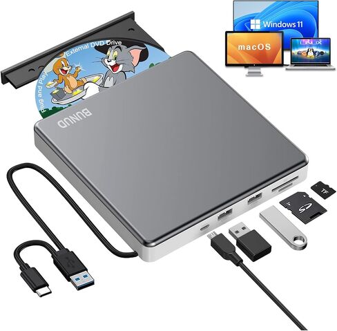 محرك أقراص DVD خارجي BUNUD لجهاز Mac، التوصيل والتشغيل مع منافذ USB/SD/TF موثوقة | مشغل DVD USB 3.0 وUSB C لأجهزة الكمبيوتر المحمول، قارئ أقراص مضغوطة محمول SuperDrive لأجهزة MacBook Windows، سبائك الألومنيوم، رمادي in Kuwait