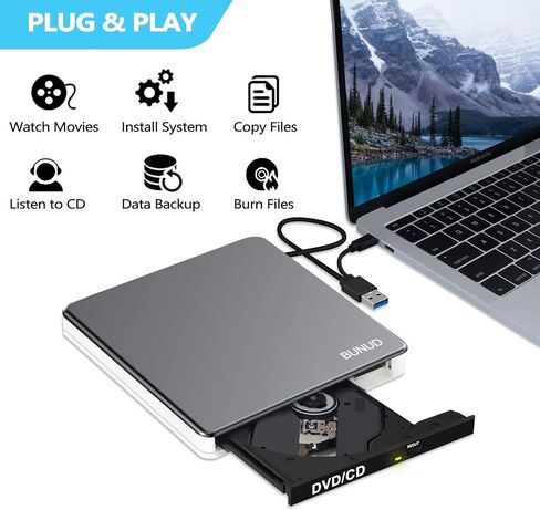 محرك أقراص DVD خارجي BUNUD لجهاز Mac، التوصيل والتشغيل مع منافذ USB/SD/TF موثوقة | مشغل DVD USB 3.0 وUSB C لأجهزة الكمبيوتر المحمول، قارئ أقراص مضغوطة محمول SuperDrive لأجهزة MacBook Windows، سبائك الألومنيوم، رمادي in Kuwait