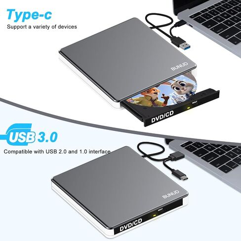 محرك أقراص DVD خارجي BUNUD لجهاز Mac، التوصيل والتشغيل مع منافذ USB/SD/TF موثوقة | مشغل DVD USB 3.0 وUSB C لأجهزة الكمبيوتر المحمول، قارئ أقراص مضغوطة محمول SuperDrive لأجهزة MacBook Windows، سبائك الألومنيوم، رمادي in Kuwait