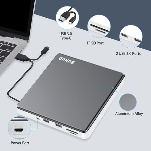 محرك أقراص DVD خارجي BUNUD لجهاز Mac، التوصيل والتشغيل مع منافذ USB/SD/TF موثوقة | مشغل DVD USB 3.0 وUSB C لأجهزة الكمبيوتر المحمول، قارئ أقراص مضغوطة محمول SuperDrive لأجهزة MacBook Windows، سبائك الألومنيوم، رمادي in Kuwait