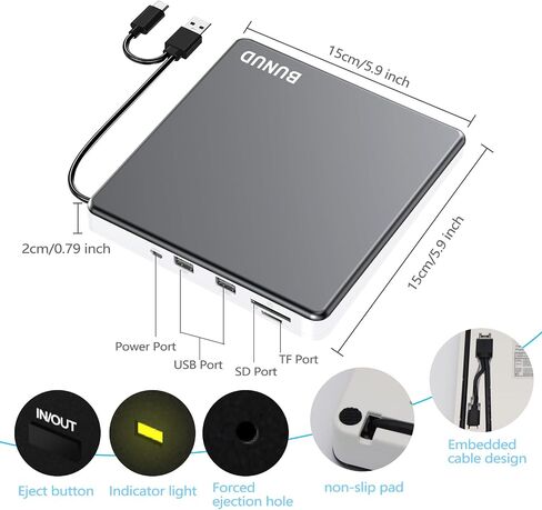 محرك أقراص DVD خارجي BUNUD لجهاز Mac، التوصيل والتشغيل مع منافذ USB/SD/TF موثوقة | مشغل DVD USB 3.0 وUSB C لأجهزة الكمبيوتر المحمول، قارئ أقراص مضغوطة محمول SuperDrive لأجهزة MacBook Windows، سبائك الألومنيوم، رمادي in Kuwait