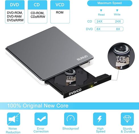 محرك أقراص DVD خارجي BUNUD لجهاز Mac، التوصيل والتشغيل مع منافذ USB/SD/TF موثوقة | مشغل DVD USB 3.0 وUSB C لأجهزة الكمبيوتر المحمول، قارئ أقراص مضغوطة محمول SuperDrive لأجهزة MacBook Windows، سبائك الألومنيوم، رمادي in Kuwait