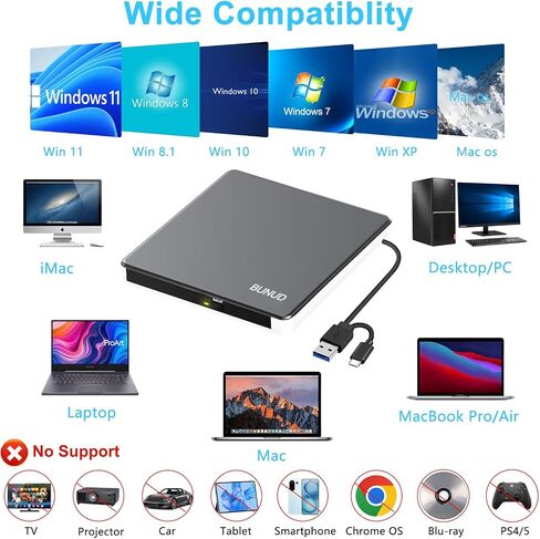 محرك أقراص DVD خارجي BUNUD لجهاز Mac، التوصيل والتشغيل مع منافذ USB/SD/TF موثوقة | مشغل DVD USB 3.0 وUSB C لأجهزة الكمبيوتر المحمول، قارئ أقراص مضغوطة محمول SuperDrive لأجهزة MacBook Windows، سبائك الألومنيوم، رمادي in Kuwait