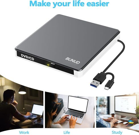 محرك أقراص DVD خارجي BUNUD لجهاز Mac، التوصيل والتشغيل مع منافذ USB/SD/TF موثوقة | مشغل DVD USB 3.0 وUSB C لأجهزة الكمبيوتر المحمول، قارئ أقراص مضغوطة محمول SuperDrive لأجهزة MacBook Windows، سبائك الألومنيوم، رمادي in Kuwait