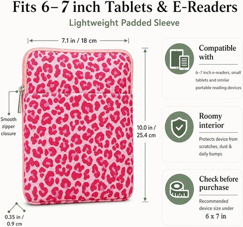 Padded Ereader Sleeve Pouch - Protective Book Sleeve for Kindle | 6-7 Inch Pink Leopard Print Tablet Paperbacks Bag Carrying Reading Accessories Bookish Gifts for Bookworms Reading Lovers in Kuwait