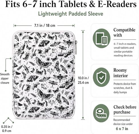 Padded Ereader Sleeve Pouch - Protective Book Sleeve for Kindle | 6-7 Inch Moth Print Tablet Bag Carrying Reading Accessories for Paperbacks Bookish Gifts for Bookworms Reading Lovers Friends in Kuwait