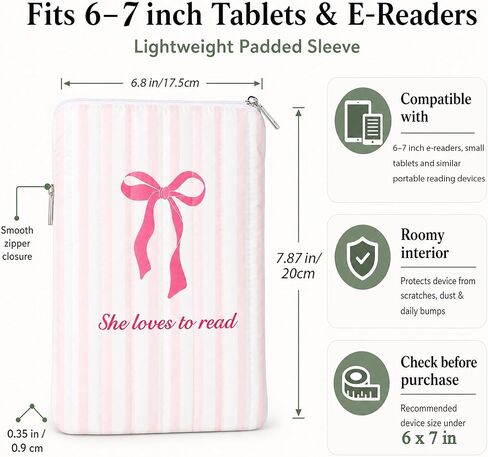 Padded Ereader Sleeve for Kindle - Protective Book Sleeve Pouch | for 6-7 Inch Paperbacks Tablet Carrying Pink Bow Reading Accessories Bookworms Reading Lovers Women Friends Birthday Gifts in Kuwait