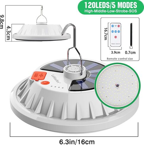 Solar Camping Lantern with Remote, Waterproof Hanging Tent Light | 120 LED, 12hr Runtime, 5 Brightness Modes, Ideal for Camping, Hiking, Traveling, Power Outages, Hurricane in Kuwait