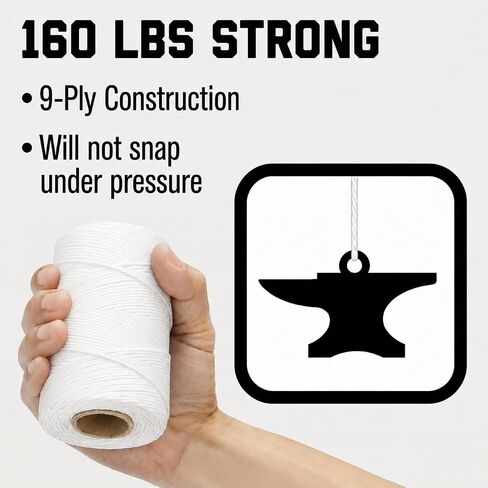 9-Ply Waxed Twine 160 lb, White, 5 Spools x 500 ft Lacing Cord | 100% Polyester, Water and UV Resistant; Tacky Grip Locks Knots. For Cable Lacing, Wire Lashing, Bundling, Marine. Made in USA in Kuwait