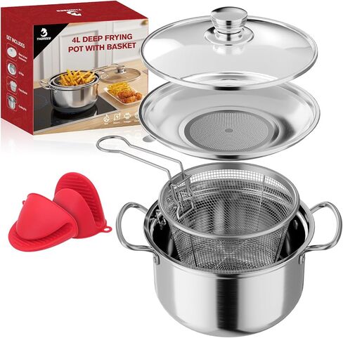 Deep Fryer Pot with Basket,4L/4Qt Stainless Steel Stove Top Deep Frying Pot | with Lid & Splatter Guard, Small Multi-Functional Induction Deep Fryer Pot for Frying, Stewing, Boiling for Home Kitchen Use in Saudi Arabia
