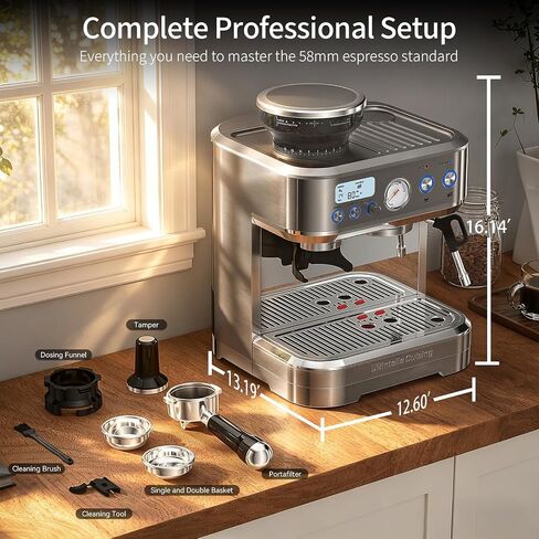 URintells Cuising Espresso Machine with Grinder, with 58mm System & Frother | Conical Burr Grinder, Italian ULKA Pump, 3 Adjustable Brew Temperatures, Pressure Gauge, Steam Wand for Cappuccino & Latte in Saudi Arabia