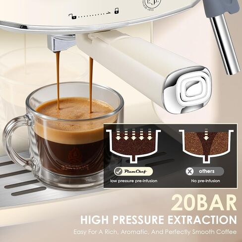 Plum chef Retro Espresso Machine with Milk Frother, ESE Pod Compatible Coffee Make with Pressure Gauge, Single &Double Shot Support, 54 oz Food-Grade PP Removable Water Tank (Beige) in Saudi Arabia