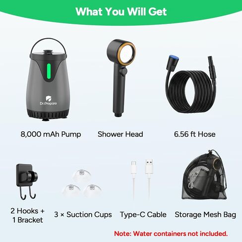 DR.PREPARE Portable Outdoor Shower, IPX8 Deep Waterproof Camping Shower Pump, 8000mAh Rechargeable Battery, 3 Spray Modes with 1.59 GPM Strong Flow, Portable Shower Head for Camp, Car Washing, Beach in Saudi Arabia