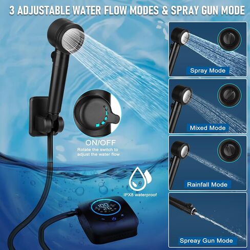 Portable Shower for Camping, 8000mAh Rechargeable [Upgraded] | Camping Shower with 5 Adjustable Speeds, 4 Spray Modes, LED Display, IPX8 Waterproof for Hiking, Travel, Car, Pet in Saudi Arabia