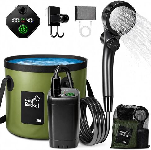 [2026 Upgraded Built-in Water Pump] Rechargeable Filtered Shower Head, Portable Camping Shower with Foldable Bucket, LED Light Camp Shower for Car Wash, Pet Bathing, Outdoor Travel & Watering Plants in Saudi Arabia