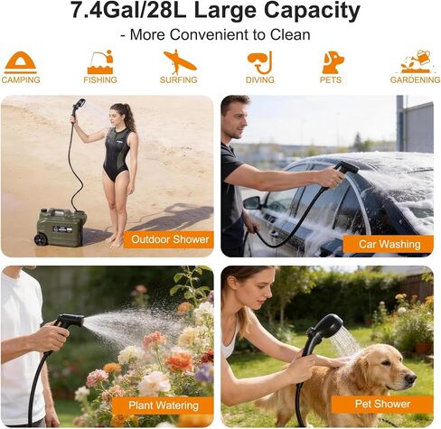 Portable Shower for Camping, Camping Shower Kit (Large 7.4 Gal/28L Water Jug, 6000mAh Camp Shower Pump IPX7, Shower Head & Spray Nozzle), Outdoor Shower for Travel, Hiking, RV, Pet Bath, Car, Plants in Saudi Arabia