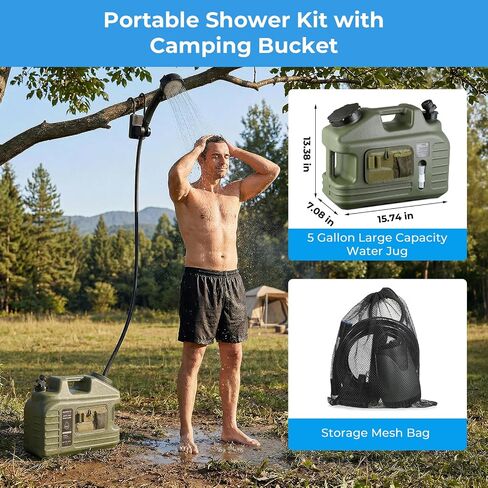Portable Camping Shower Kit with 5 Gallon Water Jug, 8000mAh Rechargeable Shower Pump IPX8 Waterproof, 5 Pressure Modes, BPA Free Water Container for Camping, Hiking, Beach, Pet Bathing, Car Washing in Saudi Arabia