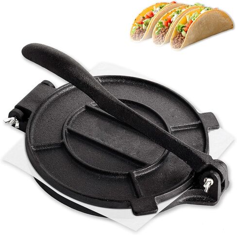 Cast Iron Tortilla Press 12 inch, Heavy Duty Tortilla Pataconera, Flour Tortilla Press with Foldable Handle, Taco press with Some Parchment Paper, Roti Maker, Black in Kuwait