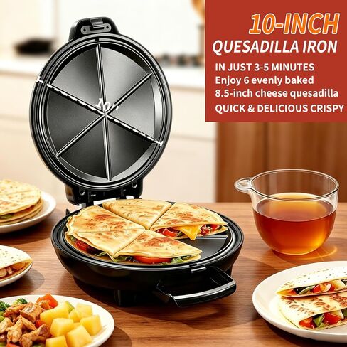 Quesadilla Maker 10 Inch, 900W Dual Heating, 6 Wedges in 3 Mins, Nonstick Plates Easy to Clean, Locking Latch, Safe & Steady, Black in Kuwait