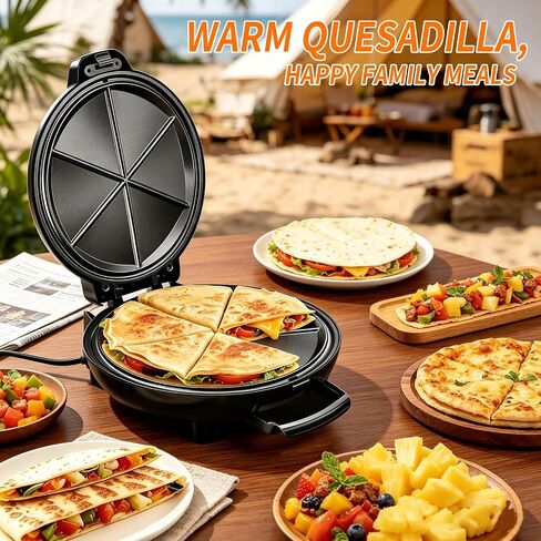 Quesadilla Maker 10 Inch, 900W Dual Heating, 6 Wedges in 3 Mins, Nonstick Plates Easy to Clean, Locking Latch, Safe & Steady, Black in Kuwait