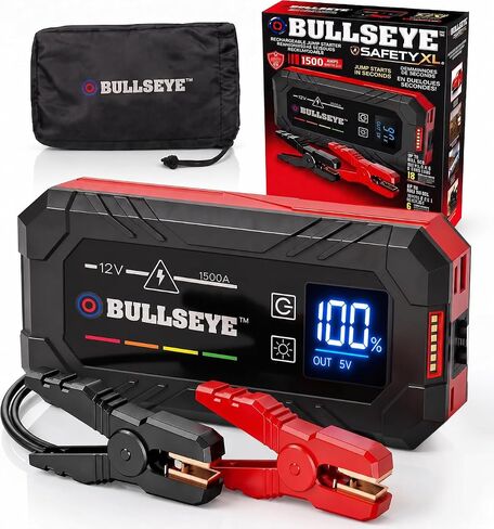 Bullseye SafetyXL 1500A Car Battery Jump Starter Portable, 12V | Safe Start Spark & Reverse Polarity Protection, 2250mAh Rechargeable Power Bank, LED Flashlight -for 6.0L Gas / 3.0L Diesel in Kuwait