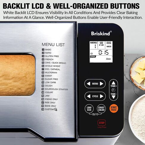Briskind 2 lb Bread Maker Machine with Ceramic Pan, 19-in-1, Clear Text LCD | Glass Touch Panel, Stainless Steel Horizontal Breadmaker, Gluten Free, Dough, Jam & Custom Menus, 3 Loaf Sizes, Low Noise in Saudi Arabia