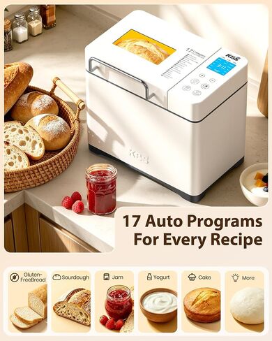 KBS 2.2LB Bread Maker, Automatic Bread Machine with Healthy Ceramic Nonstick Pan, Auto Nut Dispenser, 17-in-1 Programs for Gluten-Free & Sourdough, Touchscreen, 15H Delay Timer, White Stainless Steel in Saudi Arabia