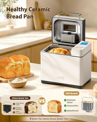 KBS 2.2LB Bread Maker, Automatic Bread Machine with Healthy Ceramic Nonstick Pan, Auto Nut Dispenser, 17-in-1 Programs for Gluten-Free & Sourdough, Touchscreen, 15H Delay Timer, White Stainless Steel in Saudi Arabia