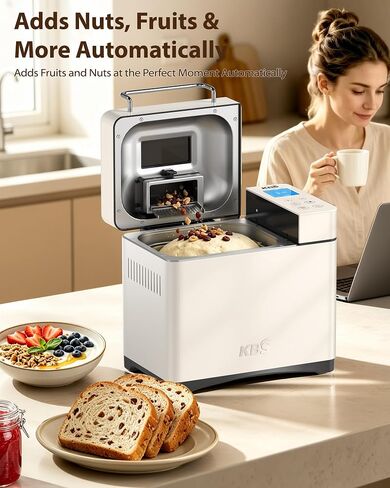 KBS 2.2LB Bread Maker, Automatic Bread Machine with Healthy Ceramic Nonstick Pan, Auto Nut Dispenser, 17-in-1 Programs for Gluten-Free & Sourdough, Touchscreen, 15H Delay Timer, White Stainless Steel in Saudi Arabia