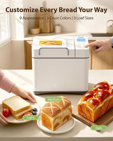 KBS 2.2LB Bread Maker, Automatic Bread Machine with Healthy Ceramic Nonstick Pan, Auto Nut Dispenser, 17-in-1 Programs for Gluten-Free & Sourdough, Touchscreen, 15H Delay Timer, White Stainless Steel in Saudi Arabia