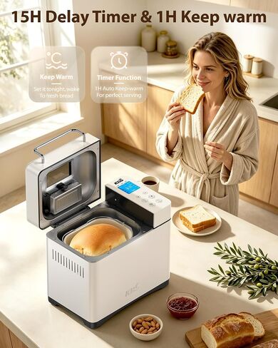 KBS 2.2LB Bread Maker, Automatic Bread Machine with Healthy Ceramic Nonstick Pan, Auto Nut Dispenser, 17-in-1 Programs for Gluten-Free & Sourdough, Touchscreen, 15H Delay Timer, White Stainless Steel in Saudi Arabia