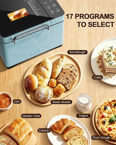 KBS Blue Bread Maker, 2.2LB Smart Bread Machine with Healthy Ceramic Pan, Touchscreen, Auto Nut Dispenser, 17 Automatic Programs, Gluten Free, Sourdough, Dough, Yogurt&Jam, 15H Timer, Stainless Steel in Saudi Arabia