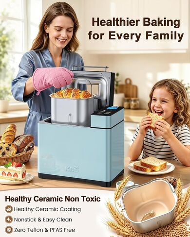 KBS Blue Bread Maker, 2.2LB Smart Bread Machine with Healthy Ceramic Pan, Touchscreen, Auto Nut Dispenser, 17 Automatic Programs, Gluten Free, Sourdough, Dough, Yogurt&Jam, 15H Timer, Stainless Steel in Saudi Arabia