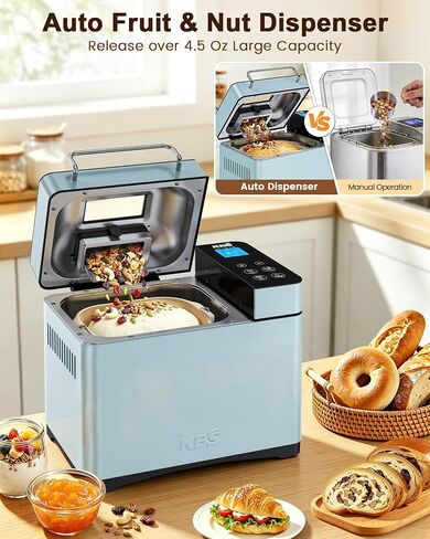 KBS Blue Bread Maker, 2.2LB Smart Bread Machine with Healthy Ceramic Pan, Touchscreen, Auto Nut Dispenser, 17 Automatic Programs, Gluten Free, Sourdough, Dough, Yogurt&Jam, 15H Timer, Stainless Steel in Saudi Arabia