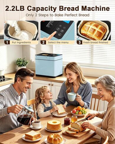KBS Blue Bread Maker, 2.2LB Smart Bread Machine with Healthy Ceramic Pan, Touchscreen, Auto Nut Dispenser, 17 Automatic Programs, Gluten Free, Sourdough, Dough, Yogurt&Jam, 15H Timer, Stainless Steel in Saudi Arabia