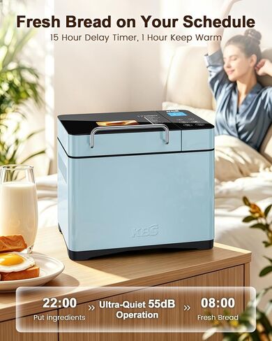 KBS Blue Bread Maker, 2.2LB Smart Bread Machine with Healthy Ceramic Pan, Touchscreen, Auto Nut Dispenser, 17 Automatic Programs, Gluten Free, Sourdough, Dough, Yogurt&Jam, 15H Timer, Stainless Steel in Saudi Arabia