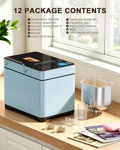 KBS Blue Bread Maker, 2.2LB Smart Bread Machine with Healthy Ceramic Pan, Touchscreen, Auto Nut Dispenser, 17 Automatic Programs, Gluten Free, Sourdough, Dough, Yogurt&Jam, 15H Timer, Stainless Steel in Saudi Arabia