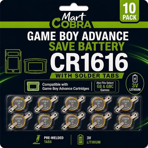 CR1616 Battery Tabbed Gameboy Advance Cartridge Battery 10-Pack 3V | GBA Gameboy Advance Save Battery Cartridge Repair Solder Tabs Backup Memory Lithium Coin Cell 3V Save Files Retro Game Saves in Kuwait