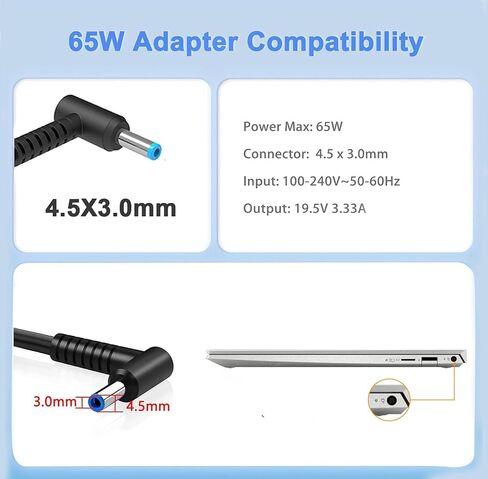 65W AC Charger Compatible with HP ProBook 450 G5 G6 G7 G8 G9 G10 ProBook 470 430 G8 440 445 640 650 G2 G3 G4 G5 G6 EliteBook L25298-001 L25298-003 TPN-LA16 19.5V 3.33A Laptop Power Supply Adapter in Kuwait