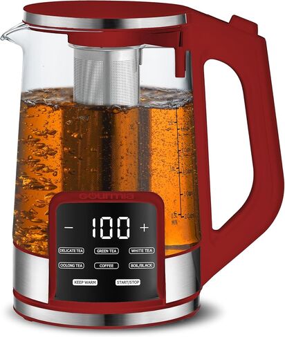 Gourmia Electric Glass Kettle – 1.7L Programmable Tea & Coffee Brewer with Digital Touch Display, 6 Presets, Removable Stainless Steel Infuser, Cordless with 360° Swivel Base, Red in Saudi Arabia