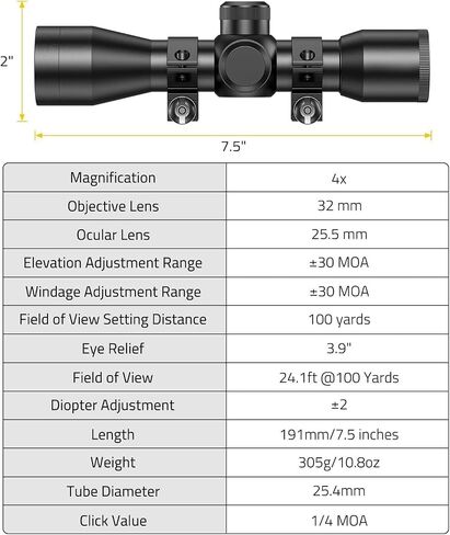 Compact Rifle Scope 4x32, for Crossbow Scope, with BDC Reticle, Ideal for Medium to Long-Range Hunting up to 500 Yards in Saudi Arabia