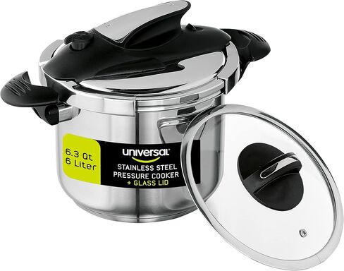 Universal (6.3 Quart / 6 Liter) Stainless Steel Easy Use Pressure Cooker + Extra Glass Lid, Induction Compatible, Pressure Cooker & Multipurpose Pot, 7 servings in Saudi Arabia