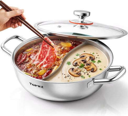TOPWIT 5.5QT Double-flavor Shabu Shabu Pot, Hot Pot with Divider | 3-Ply Construction, 316 Stainless Steel, 11″ Dual Side Pot for Cooking, Hotpot for Induction/Gas/Ceramic Cooktop, Hot Burner in Kuwait