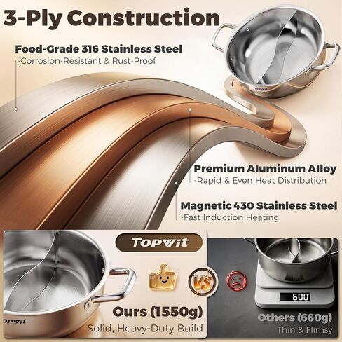 TOPWIT 5.5QT Double-flavor Shabu Shabu Pot, Hot Pot with Divider | 3-Ply Construction, 316 Stainless Steel, 11″ Dual Side Pot for Cooking, Hotpot for Induction/Gas/Ceramic Cooktop, Hot Burner in Kuwait