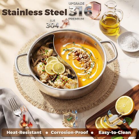 TOPWIT 5.5QT Double-flavor Shabu Shabu Pot, Hot Pot with Divider | 3-Ply Construction, 316 Stainless Steel, 11″ Dual Side Pot for Cooking, Hotpot for Induction/Gas/Ceramic Cooktop, Hot Burner in Kuwait