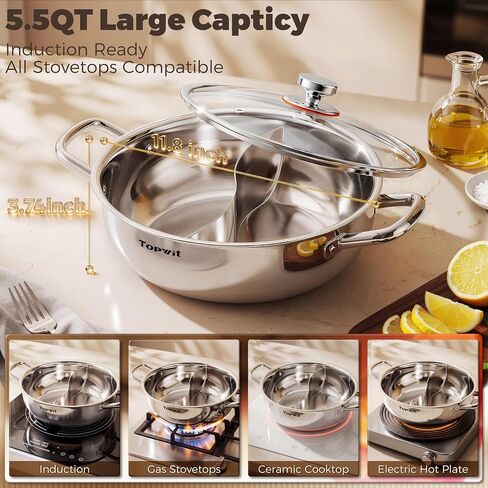 TOPWIT 5.5QT Double-flavor Shabu Shabu Pot, Hot Pot with Divider | 3-Ply Construction, 316 Stainless Steel, 11″ Dual Side Pot for Cooking, Hotpot for Induction/Gas/Ceramic Cooktop, Hot Burner in Kuwait