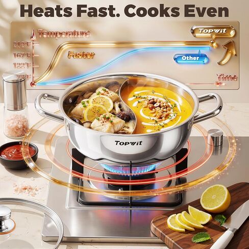 TOPWIT 5.5QT Double-flavor Shabu Shabu Pot, Hot Pot with Divider | 3-Ply Construction, 316 Stainless Steel, 11″ Dual Side Pot for Cooking, Hotpot for Induction/Gas/Ceramic Cooktop, Hot Burner in Kuwait